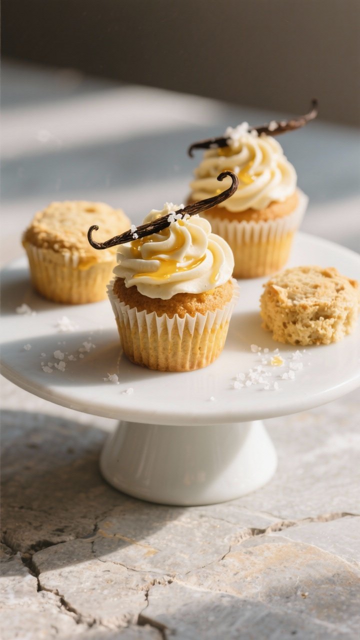 Final dish presentation: Beautifully plated sourdough discard honey vanilla cupcakes swirled with ho