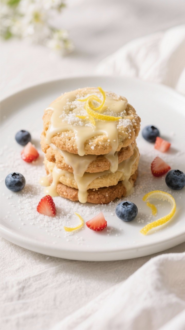 Final dish presentation: Beautifully plated spring berry cookies stacked casually on a matte white p
