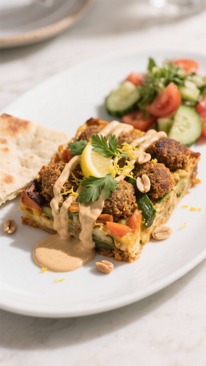 Final dish presentation: Beautifully plated square of baked falafel vegetable casserole on a wide wh