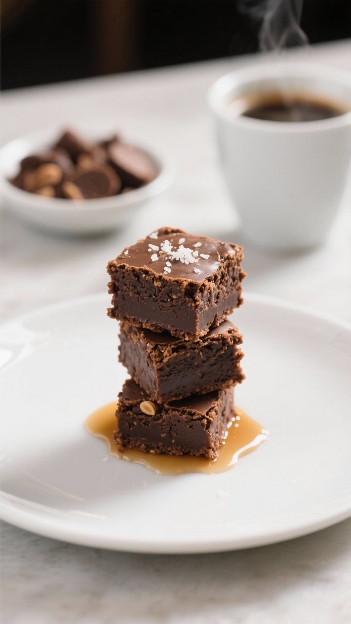 Final dish presentation: Beautifully plated stack of three almond flour brownie bites on a matte whi