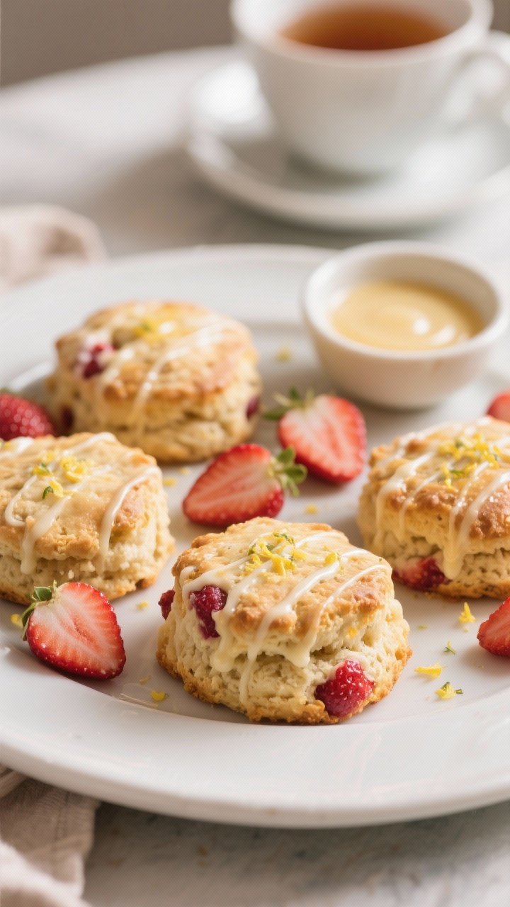 Final dish presentation: Beautifully plated strawberry scones arranged on a matte white platter, war