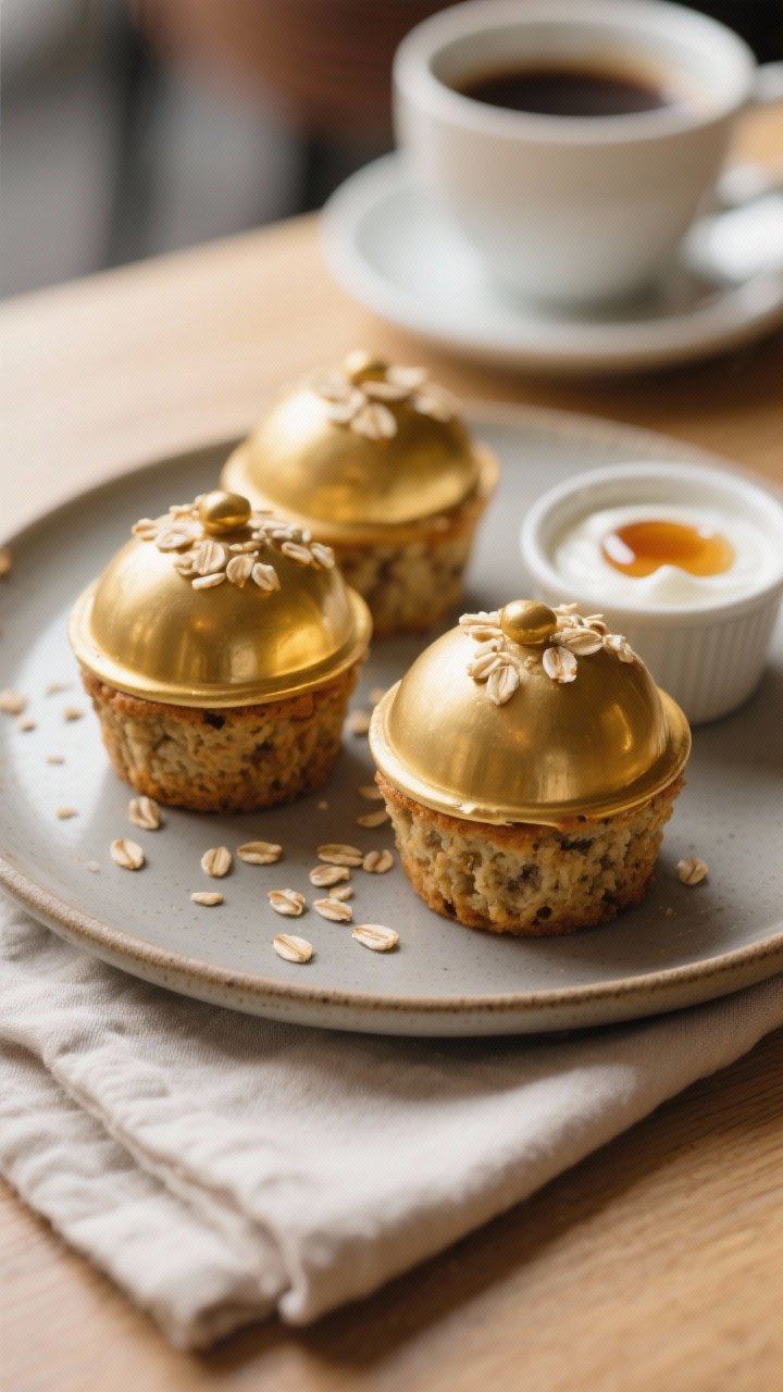 Final dish presentation: Beautifully plated trio of banana oat muffins (sourdough discard) on a matt