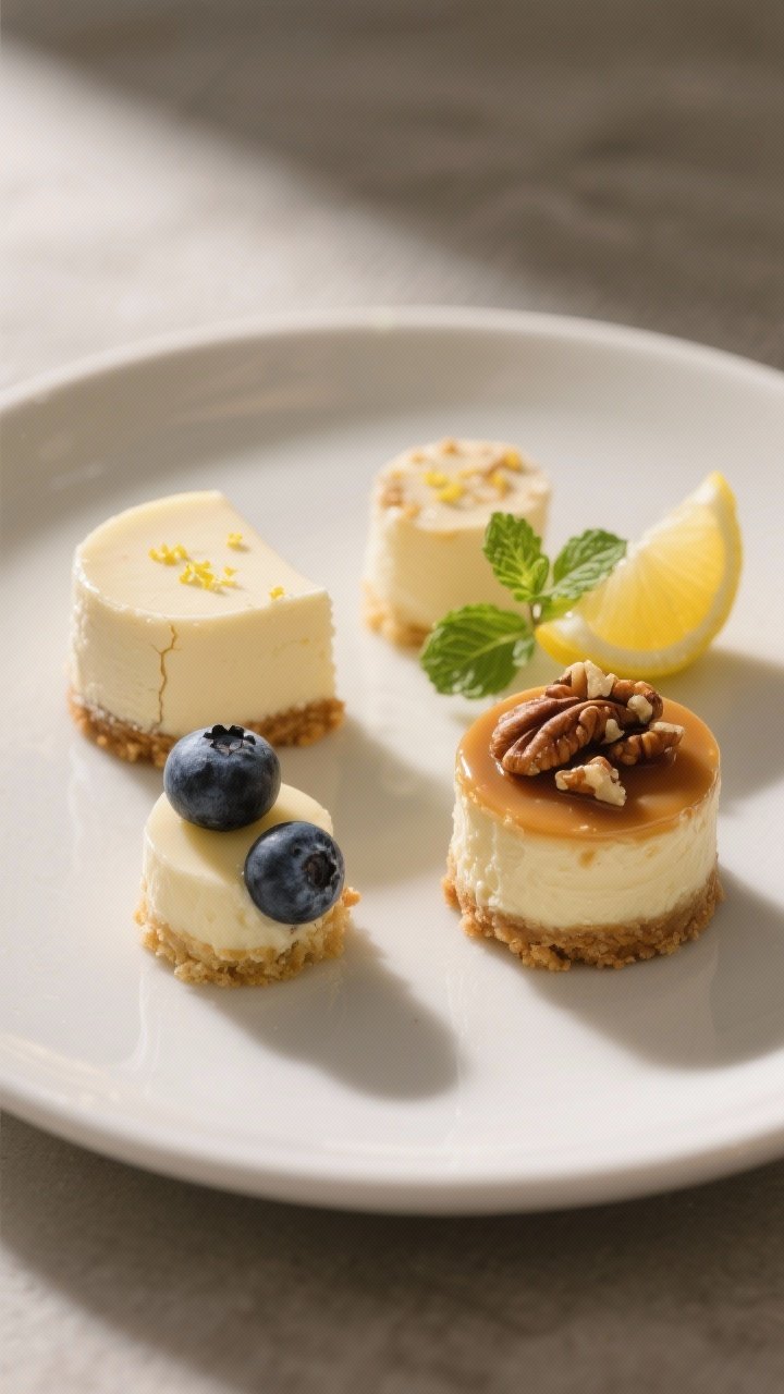 Final dish presentation: Elegant trio of cheesecake bites plated on a matte white dessert plate—on