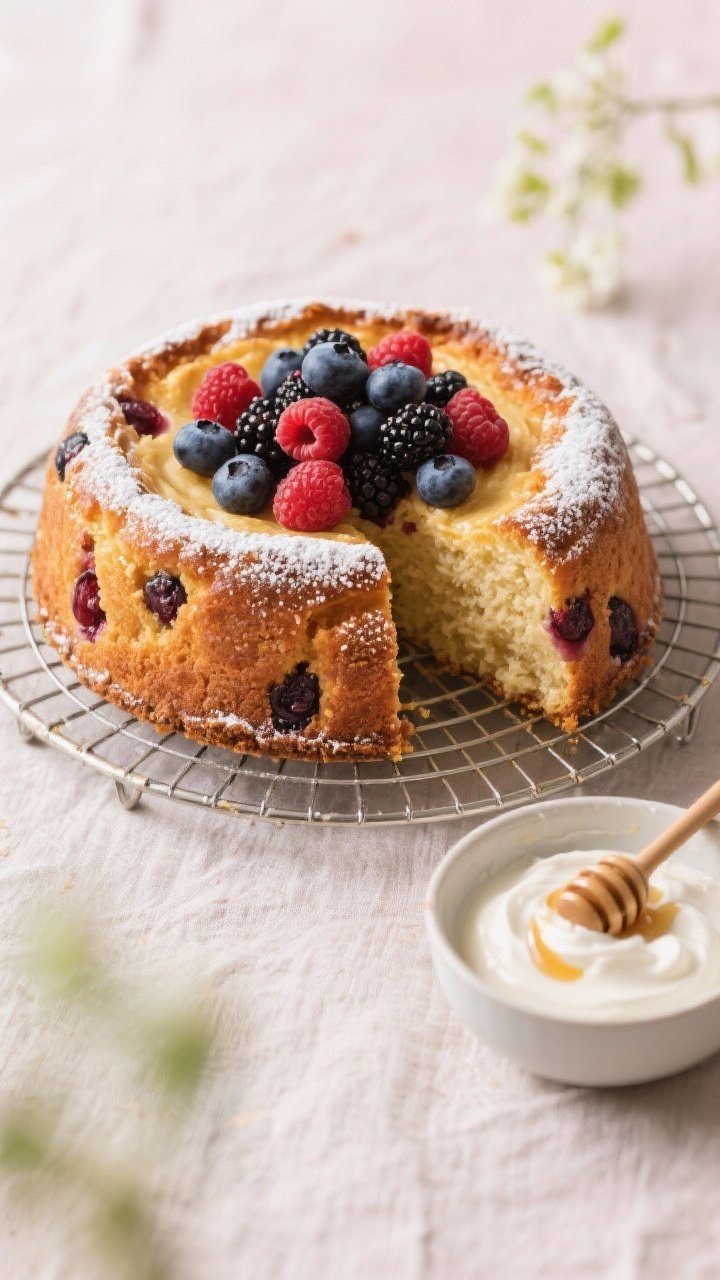 Final dish presentation: Restaurant-quality overhead hero shot of the fully baked cake on a wire rac