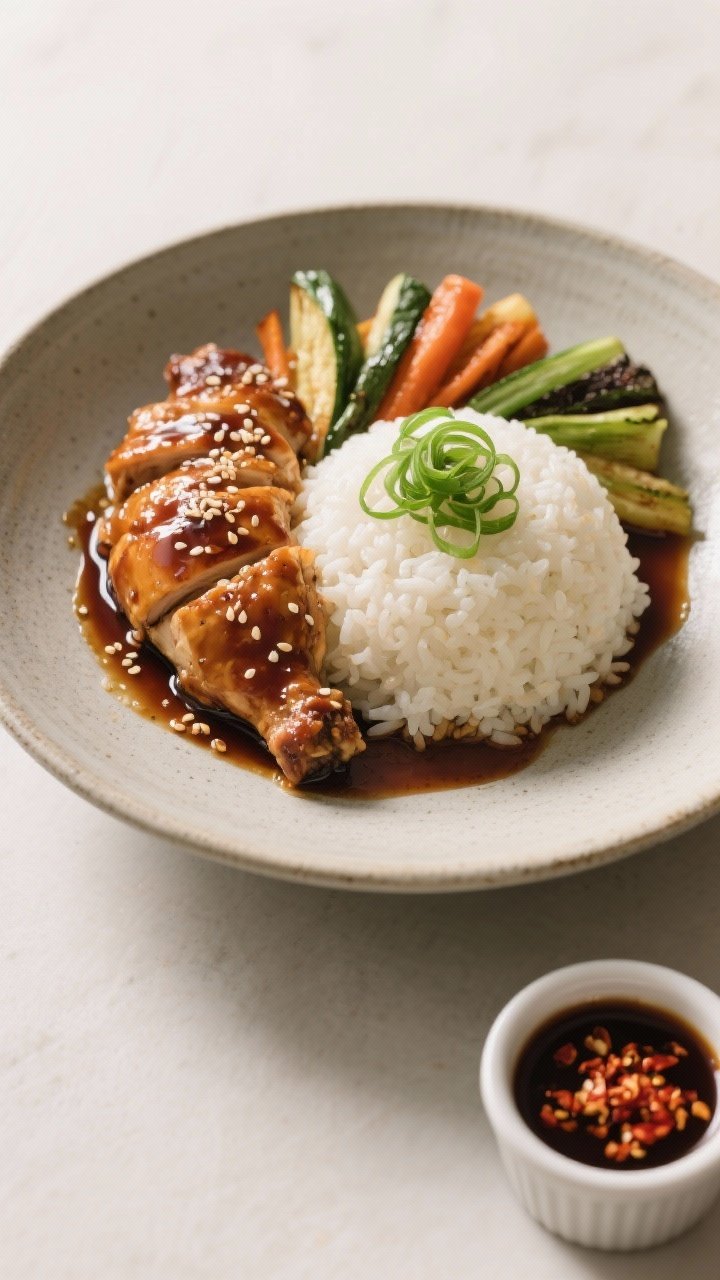 Final dish presentation: Restaurant-quality plated teriyaki chicken rice bowl on a wide, shallow sto