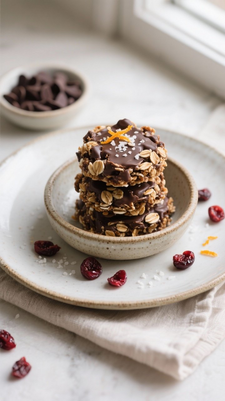 Final dish presentation: Restaurant-quality plated Cherry Chocolate No-Bake Oat Clusters stacked in 