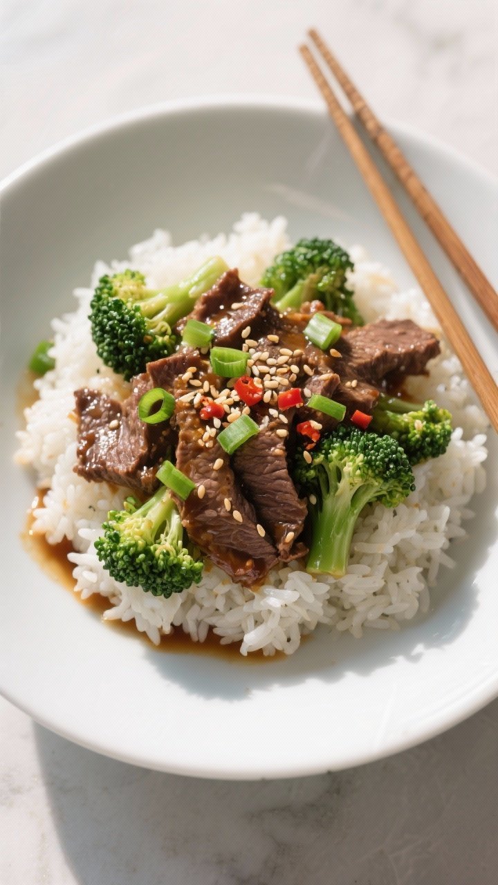 Final dish presentation: Restaurant-quality plated Healthy Slow Cooker Beef & Broccoli over fluffy j