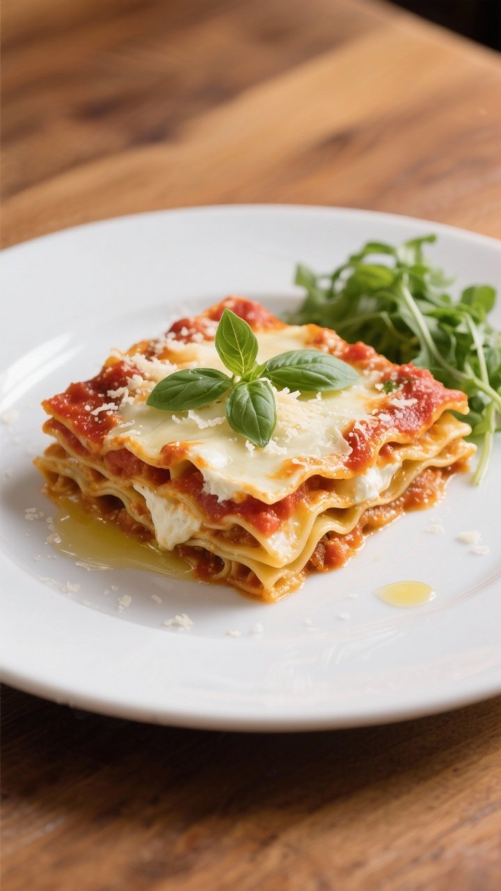 Final dish presentation: Restaurant-quality plated slice of three-cheese lasagna with clean, well-de