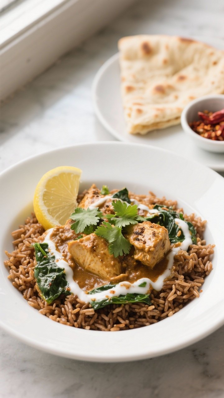 Final dish presentation: Restaurant-quality plating of Healthy Slow Cooker Chicken & Spinach Curry o