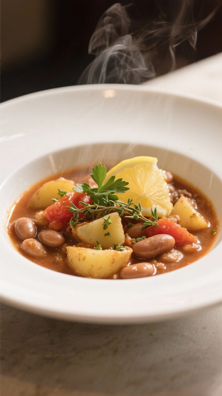 Final dish presentation: Restaurant-quality plating of the stew in a shallow white bowl, with a few