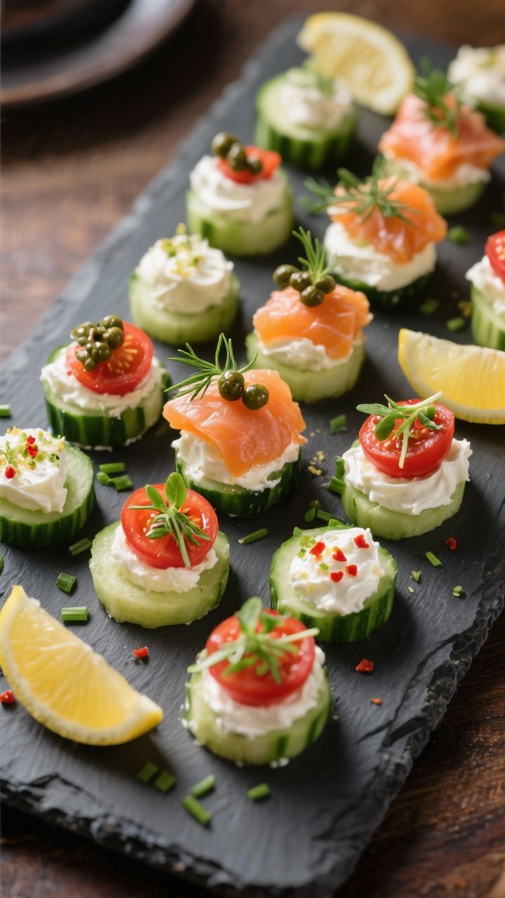 Final dish presentation: Restaurant-quality platter of assorted mini cucumber cream cheese bites art
