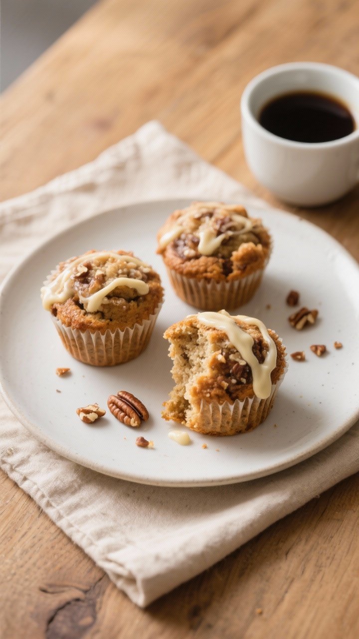 Final dish presentation: Three sourdough discard coffee cake muffins plated on a matte white dessert