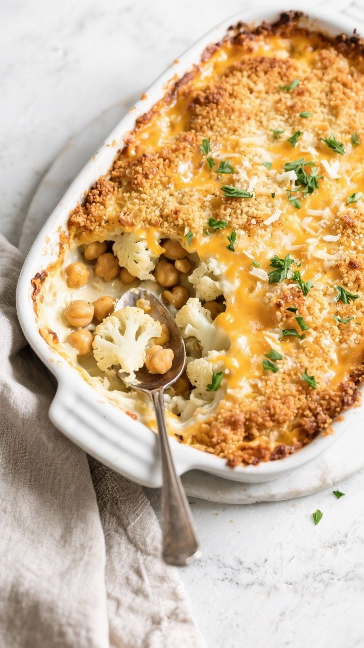 Final dish, tasty top view: Overhead shot of the baked High-Fiber Chickpea & Cauliflower Cheesy Cass