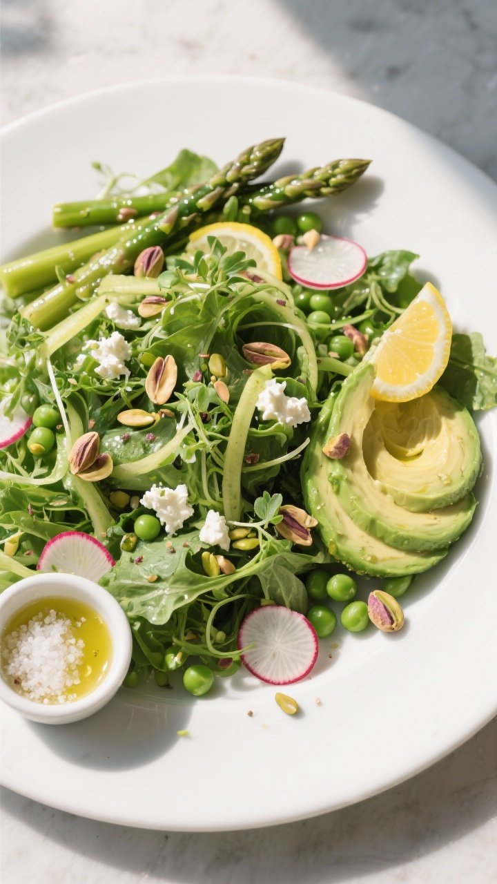 Final dish, top-down: Overhead shot of the Clean Eating Spring Salad fully plated for serving—lush