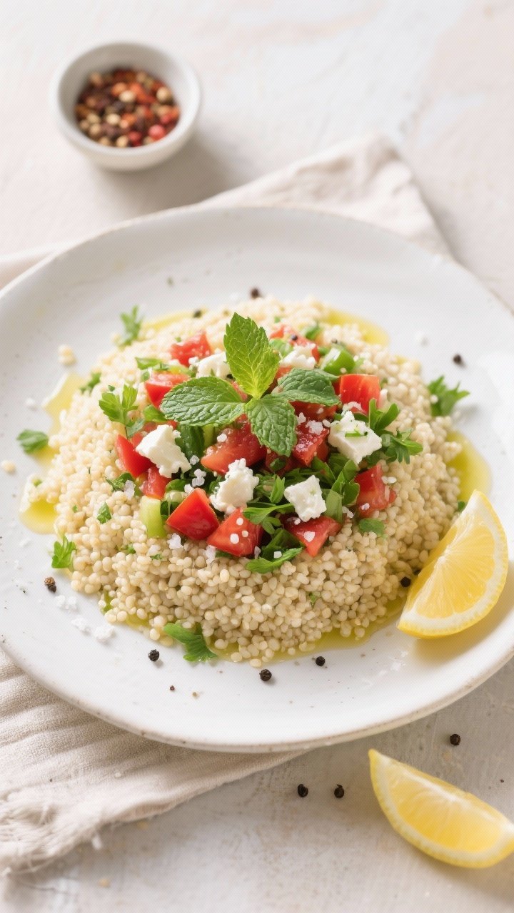 Final dish top view: Beautifully plated Light Spring Couscous Salad mounded on a wide white ceramic 