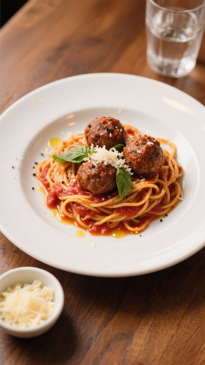 Final dish top view: Overhead shot of beautifully plated Italian-style spaghetti with meatballs on a