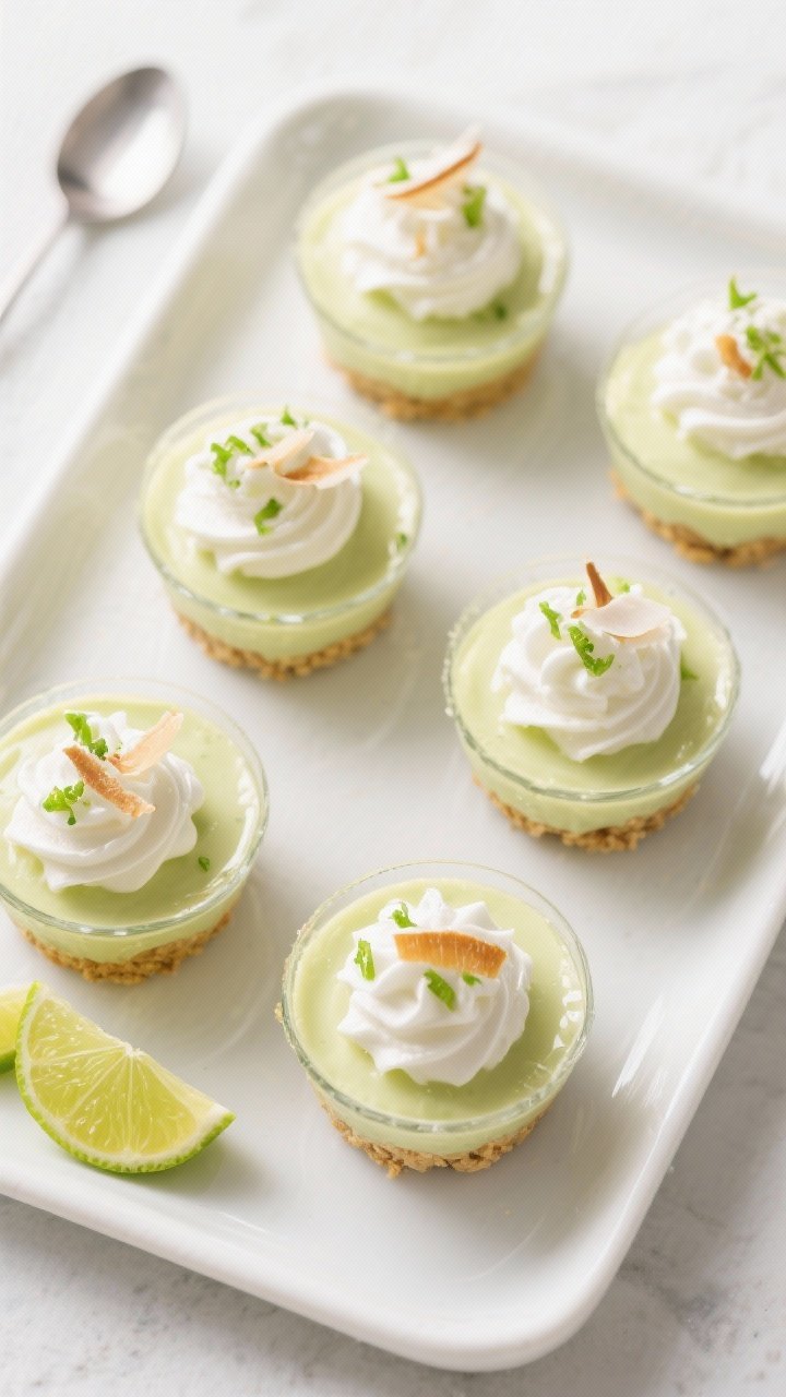 Final dish top-view: Overhead shot of finished No Bake Keto Key Lime Pie Cups arranged on a white tr