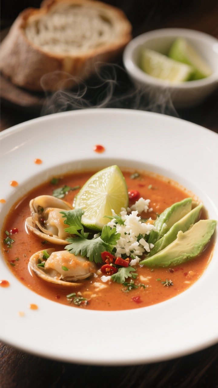 Final plated beauty: A single restaurant-quality bowl of the soup plated in a wide white bowl, shell
