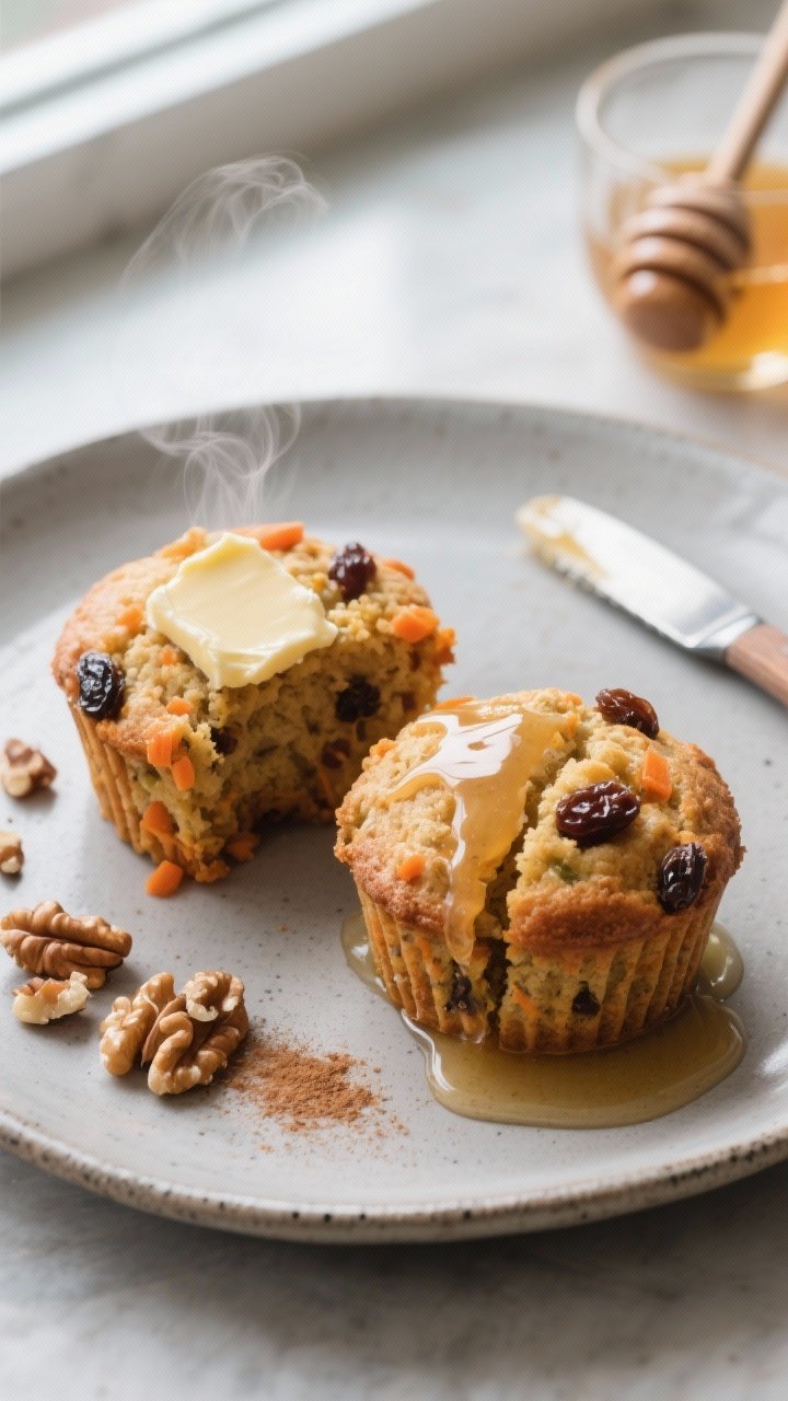 Final plated beauty: Restaurant-quality presentation of two split carrot raisin muffins on a matte s
