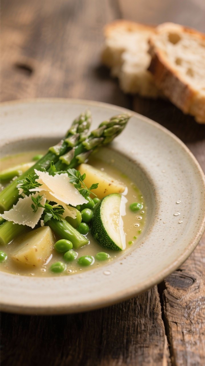 Final plated beauty: Restaurant-quality presentation of the soup in a shallow ceramic bowl on a rust