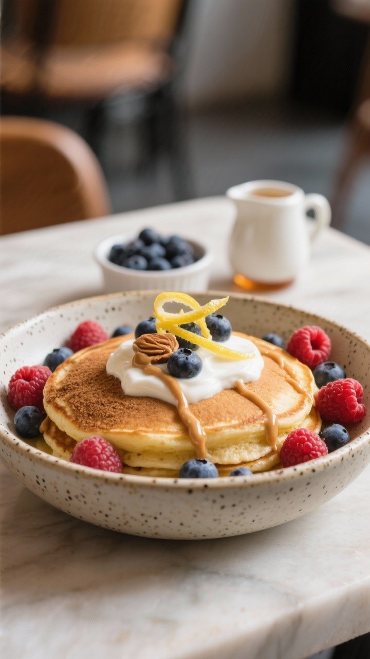 Final plated beauty shot, 45-degree angle: A warmly lit, café-style presentation of the protein pan