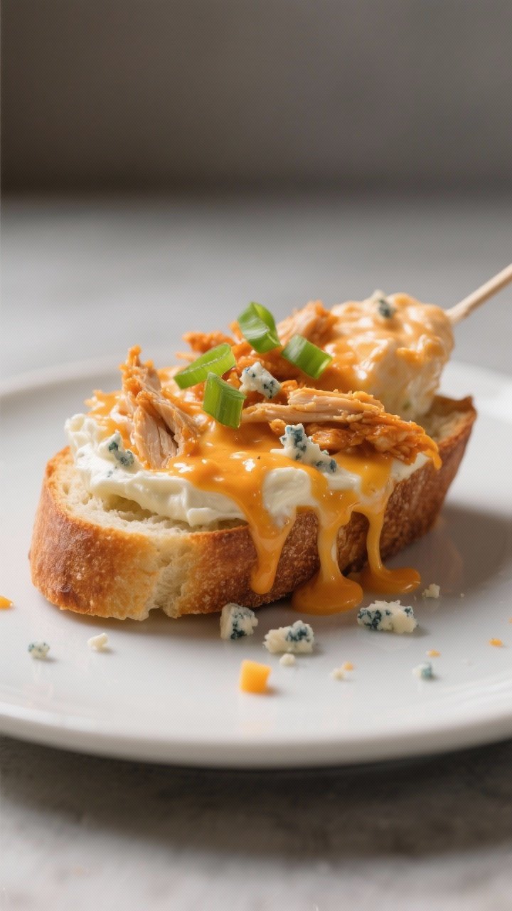 Final plated close-up, creamy and melty: Close-up detail of a toasted baguette slice dipped into the