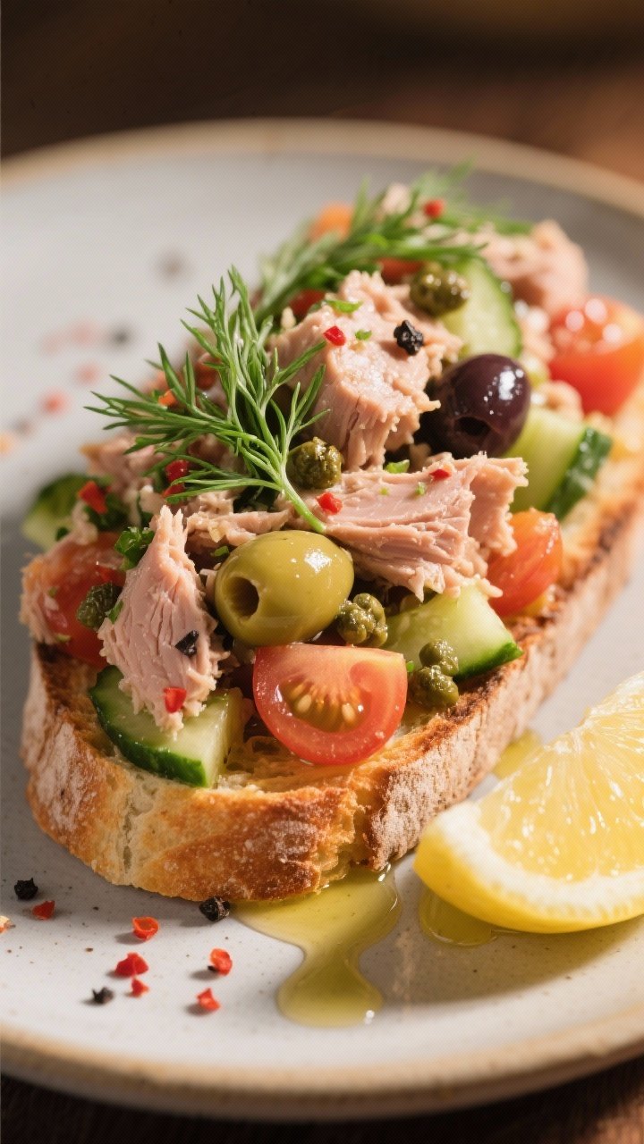 Final plated, close-up detail: Beautifully plated Mediterranean tuna salad piled onto toasted sourdo
