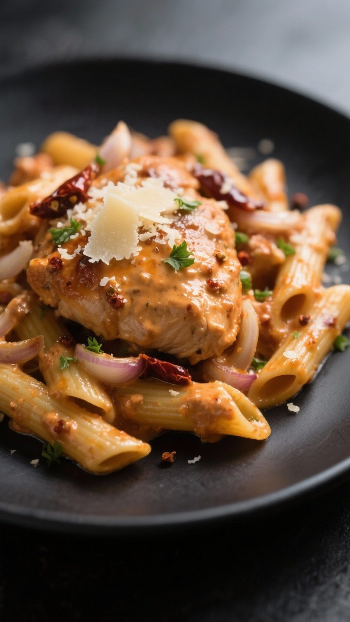 Final plated detail: Restaurant-quality presentation of creamy Cajun chicken tossed with al dente pe