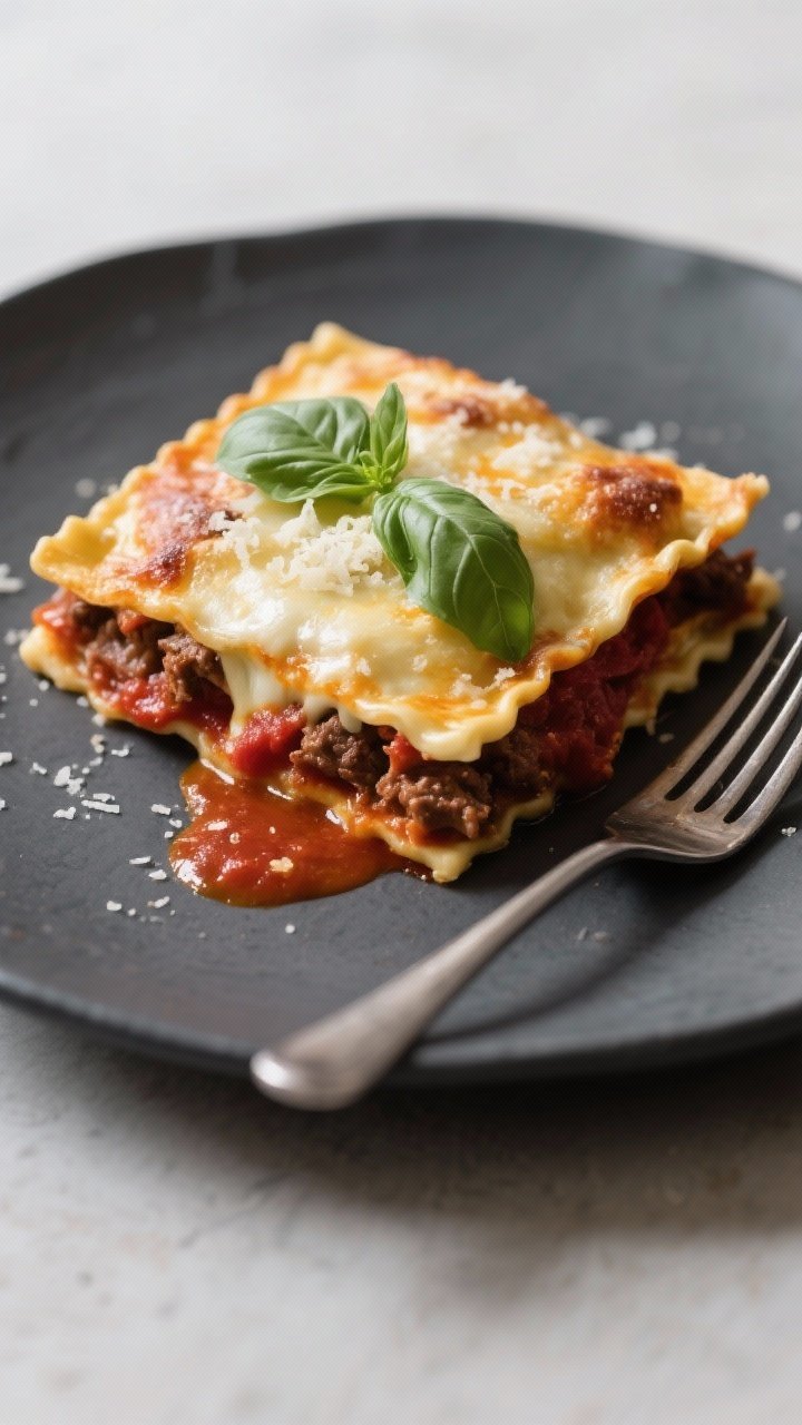 Final plated dish: A generous square of the baked ravioli on a matte charcoal plate, clean slice rev