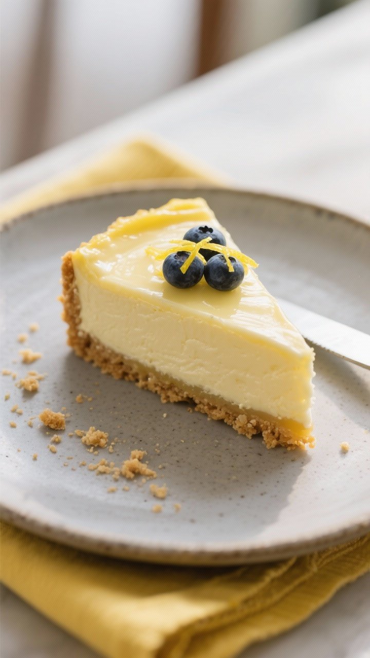 Final plated dish: A single, clean slice of bright and creamy lemon cheesecake on a matte stoneware 