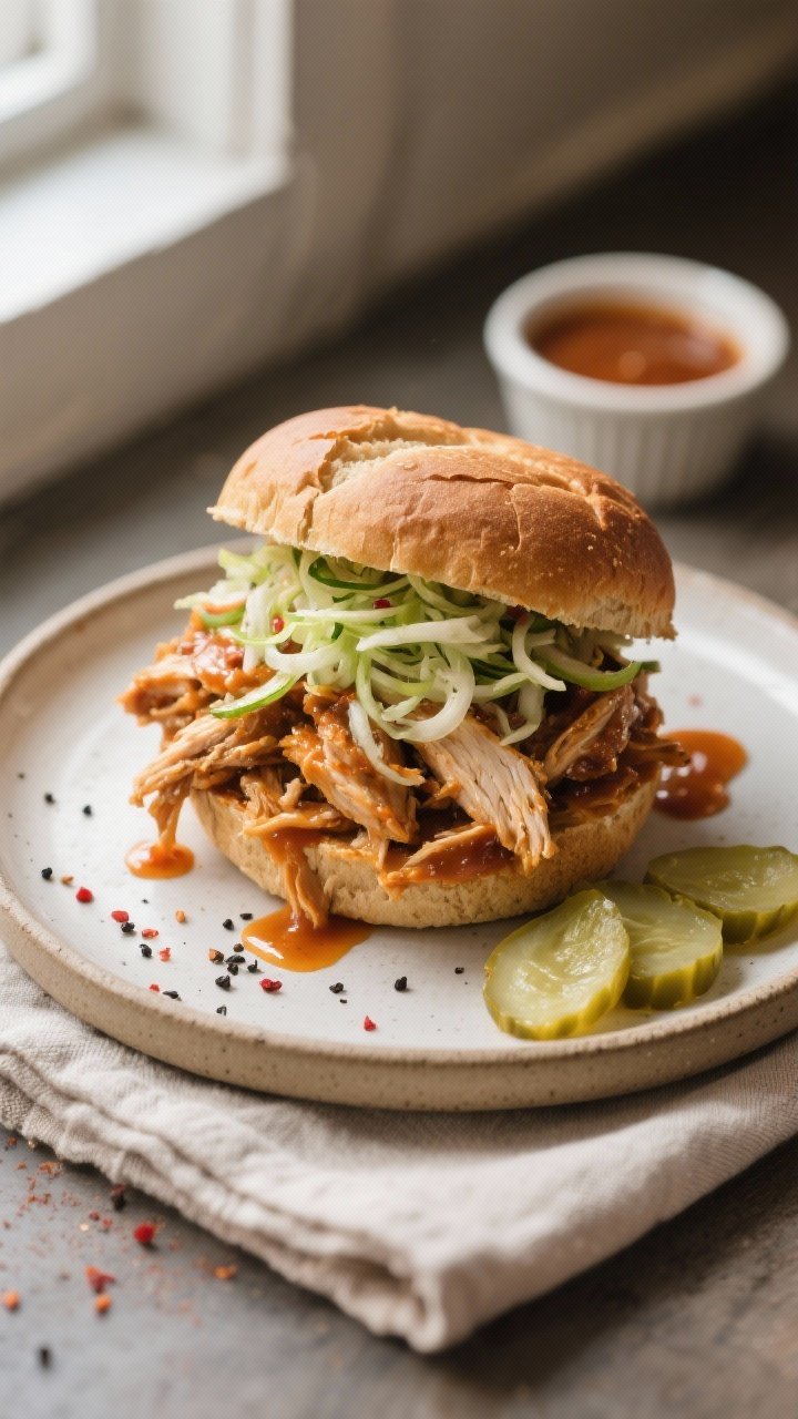 Final plated dish, bun presentation: Beautifully plated healthy pulled chicken sandwich on a toasted