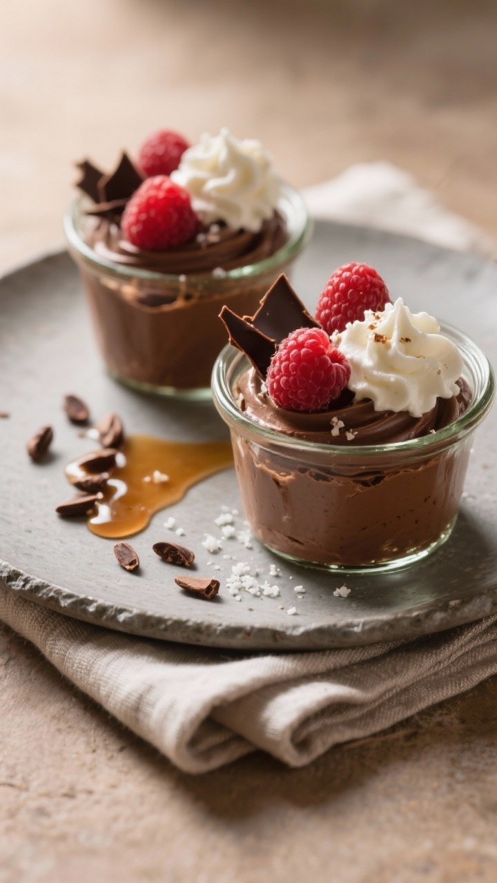 Final plated dish: Chocolate Cottage Cheese Protein Mousse piped into two small glass ramekins, topp