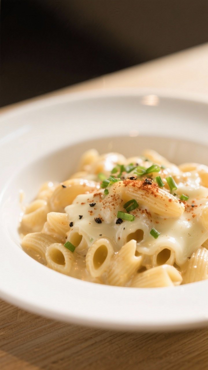 Final plated dish close-up: Beautifully plated bowl of creamy high-protein mac and cheese, sauce cli