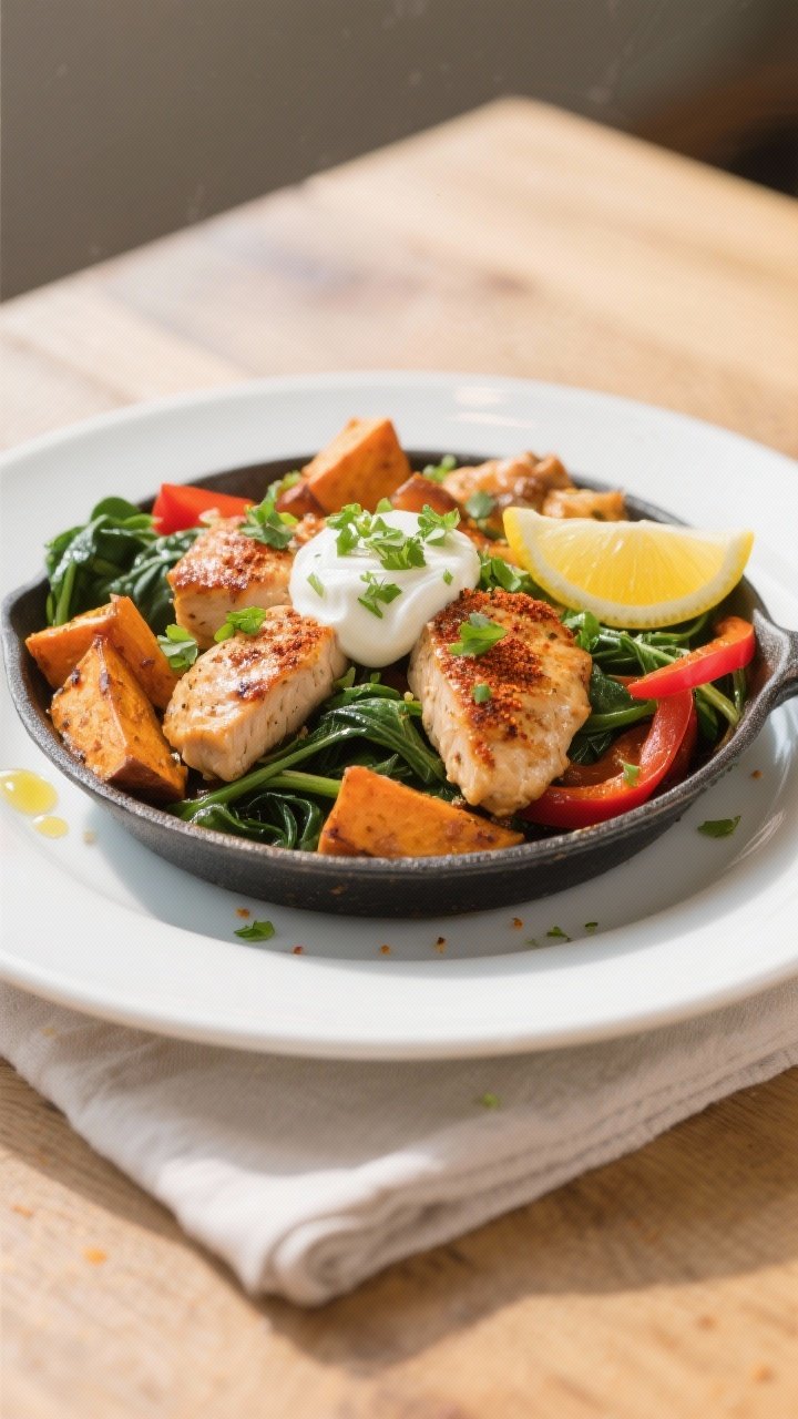 Final plated dish, restaurant-quality: Beautifully plated Clean Eating Chicken & Sweet Potato Skille