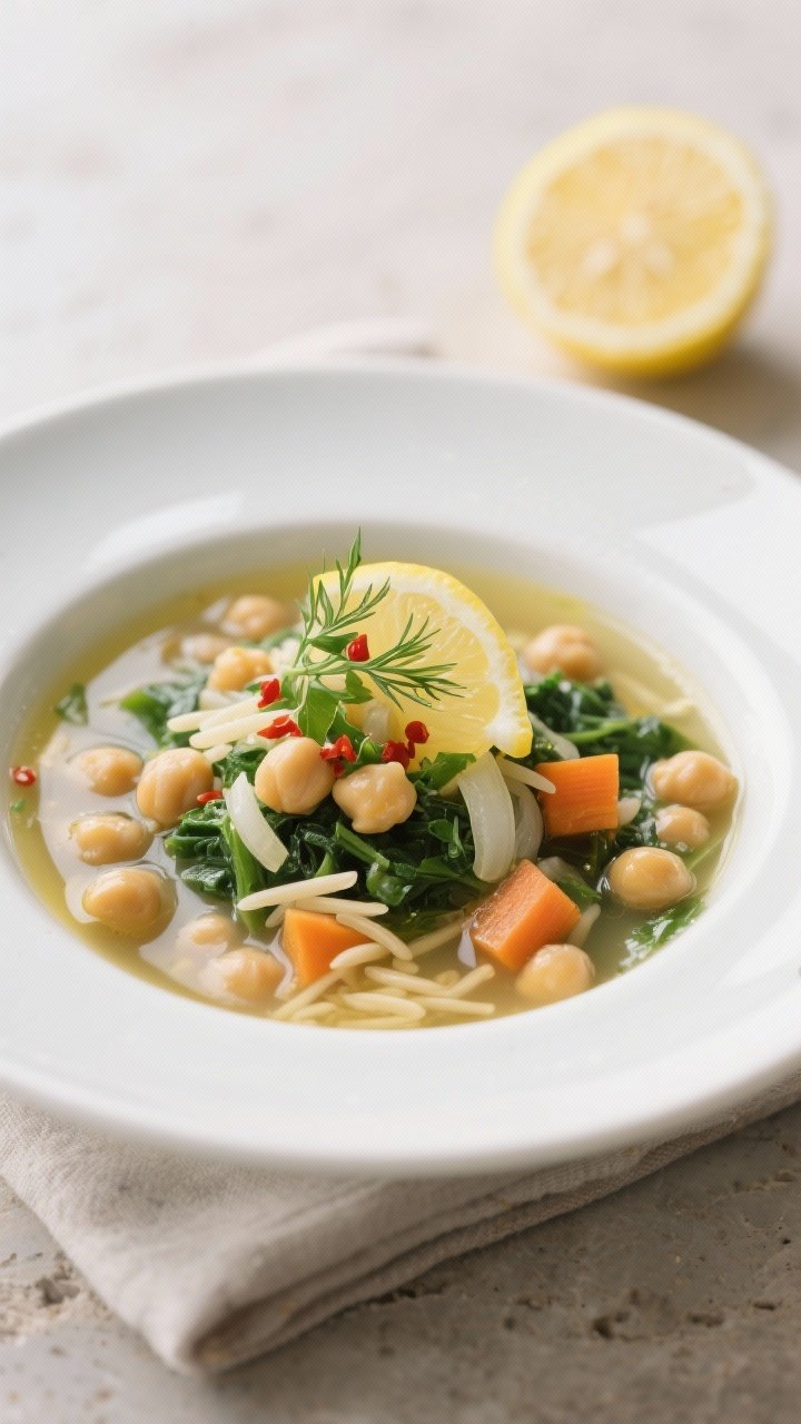 Final plated dish, restaurant-quality presentation: A bowl of lemony chickpea-and-greens soup served