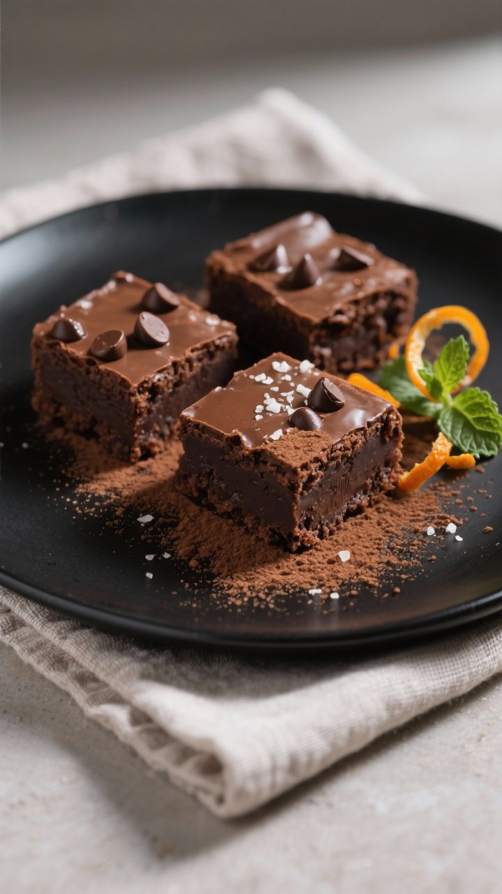 Final plated dish: Restaurant-quality presentation of neat brownie squares on a matte black plate, s