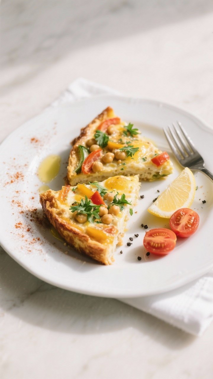Final plated dish: Restaurant-quality presentation of two warm slices of the chickpea egg bake on a
