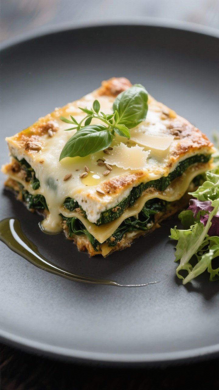 Final plated dish, restaurant-quality presentation: A single square of zucchini lasagna-style bake p