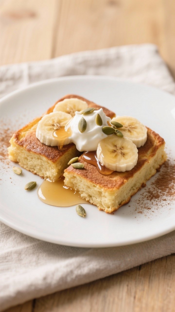 Final plated dish: Restaurant-quality presentation of two warm squares of the pancake bake on a matt