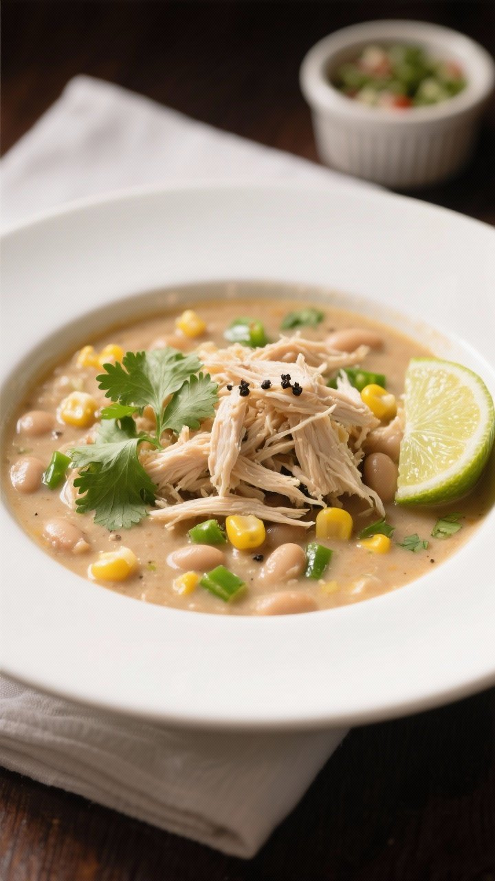 Final plated dish: Restaurant-quality presentation of white chicken chili in a wide, shallow white b
