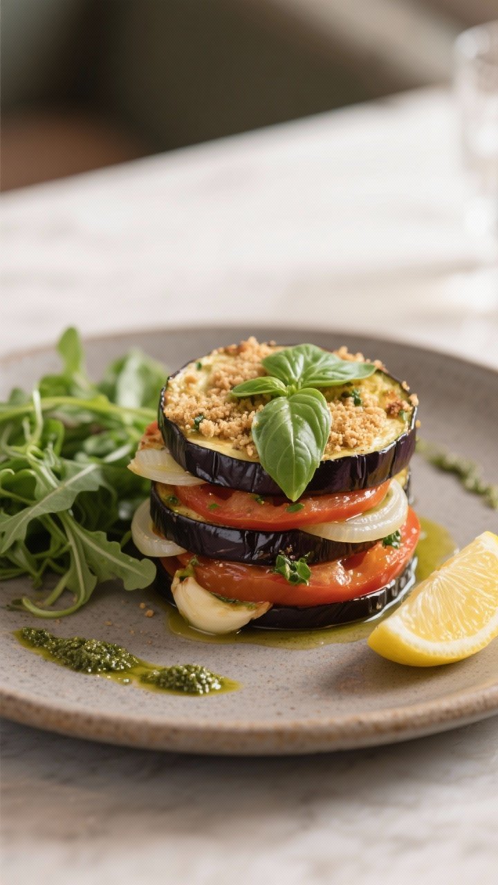 Final plated dish – Restaurant-quality single serving of the bake plated alongside a small lemon w