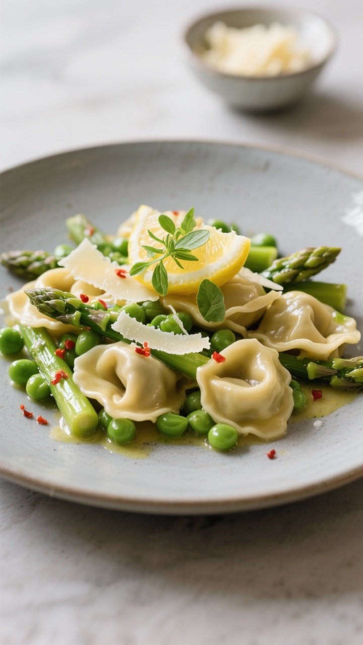 Final plated hero: Beautifully plated Simple Spring Tortellini with Fresh Veggies on a matte ceramic