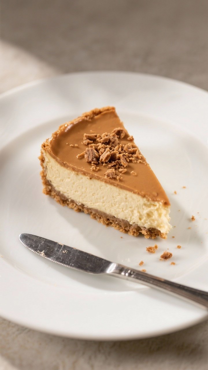 Final plated hero shot: A clean slice of Biscoff cheesecake on a white dessert plate, showing a plus