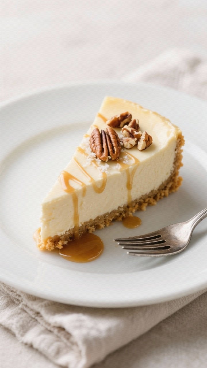 Final plated hero shot: A single clean slice of cheesecake on a matte white plate, showcasing a perf