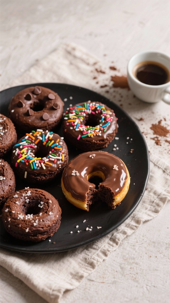 Final plated overhead shot: a brunch-ready spread of glazed baked chocolate cake donuts on a matte b