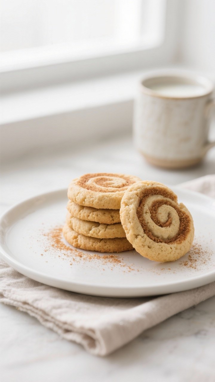 Final plated presentation: A small stack of almond flour snickerdoodle cookies on a matte white dess