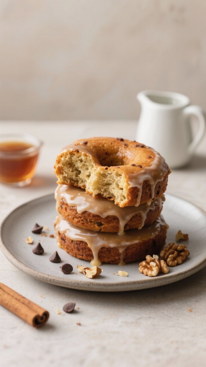 Final plated presentation of glazed banana bread donuts stacked casually on a matte ceramic plate, w