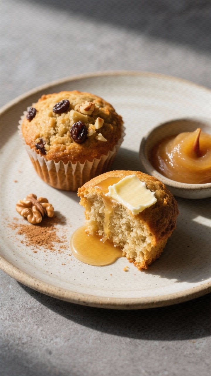 Final plated presentation: Restaurant-quality plate with two applesauce muffins (one sliced in half 