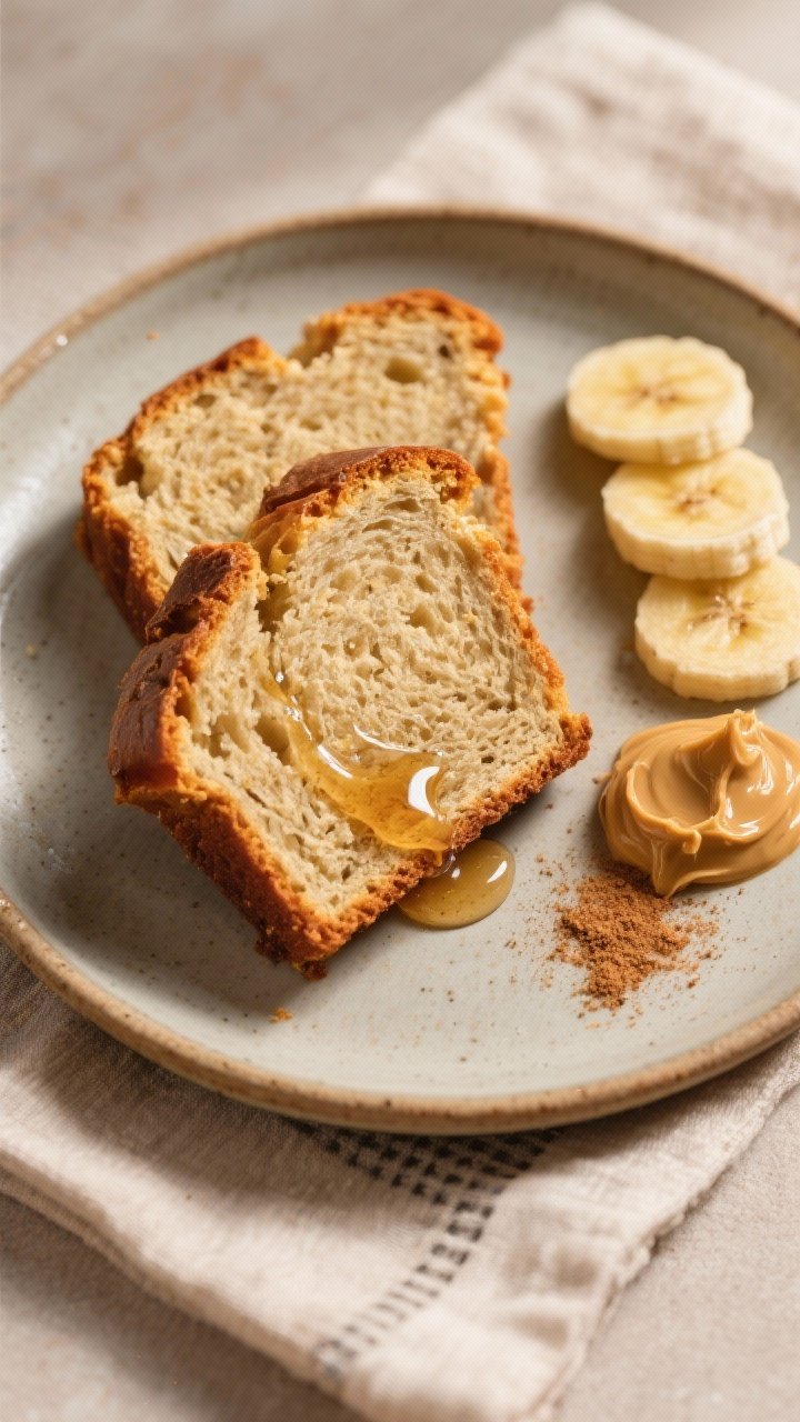 Final plated presentation: Restaurant-quality plate with two thick slices of banana bread slightly o
