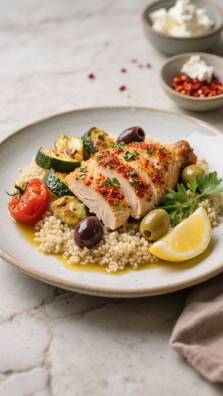 Final plated presentation: Restaurant-quality plate of Mediterranean chicken and roasted veggies spo